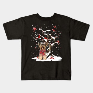 Yorkshire Terrier Scarf Cardinal Snow Christmas Kids T-Shirt